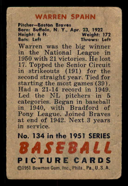 1951 Bowman Baseball #134 Warren Spahn Braves Good 556316