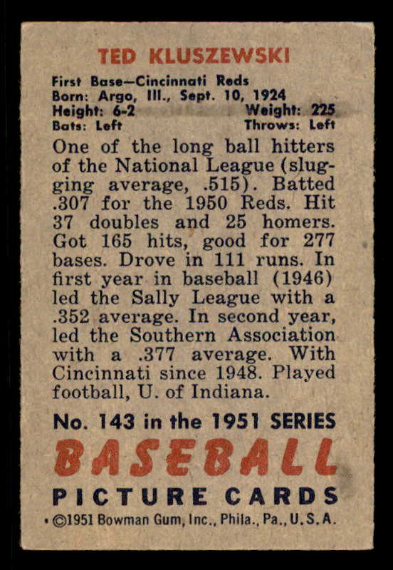 1951 Bowman Baseball #143 Ted Kluszewski Reds EX-MT 556317