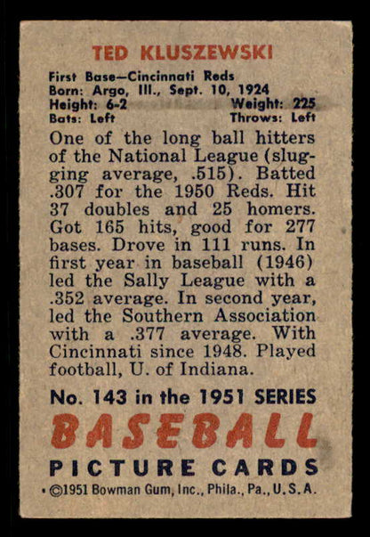 1951 Bowman Baseball #143 Ted Kluszewski Reds EX-MT 556317