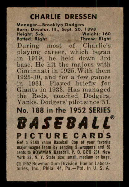 1952 Bowman Baseball #188 Chuck Dressen Dodgers VG-EX 556319