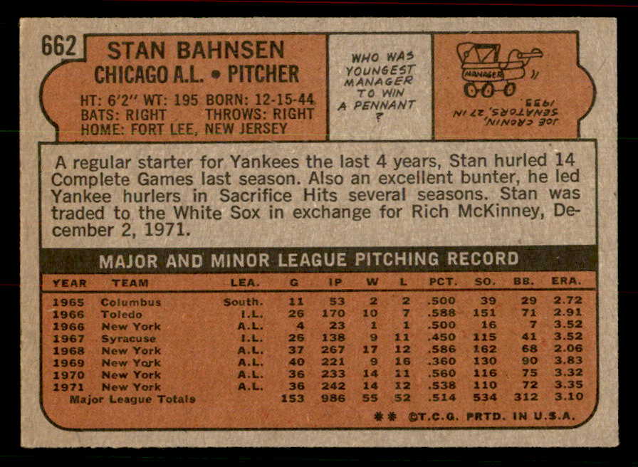 1972 Topps Baseball #662 Stan Bahnsen White Sox EX-MT 556325