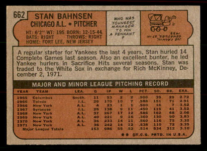 1972 Topps Baseball #662 Stan Bahnsen White Sox EX-MT 556325