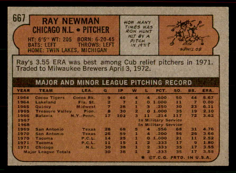 1972 Topps Baseball #667 Ray Newman Cubs EX-MT 556327