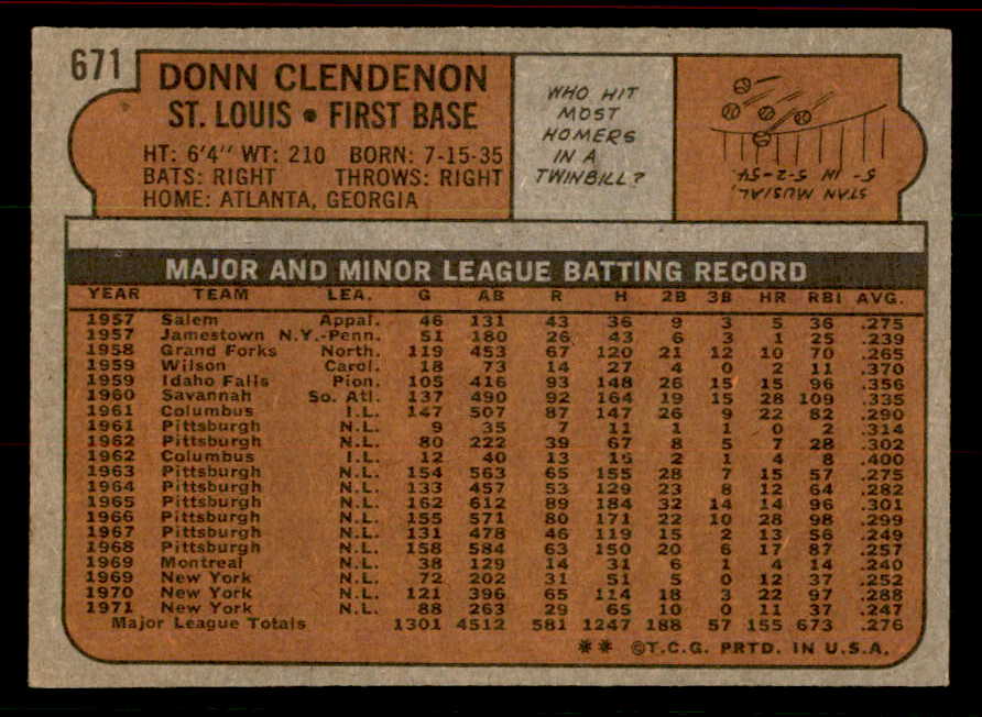 1972 Topps Baseball #671 Donn Clendenon Cardinals EX-MT 556328