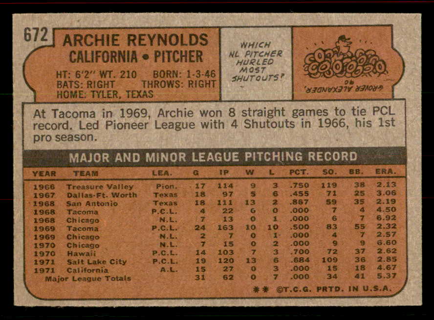 1972 Topps Baseball #672 Archie Reynolds Angels EX-MT 556329