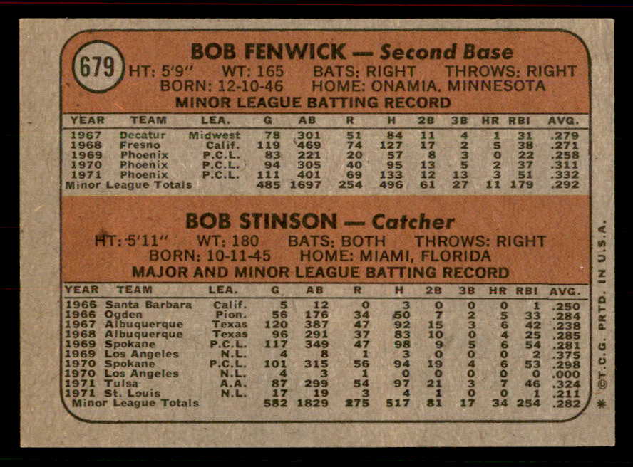 1972 Topps Baseball #679 Bob Stinson Astros EX-MT 556331
