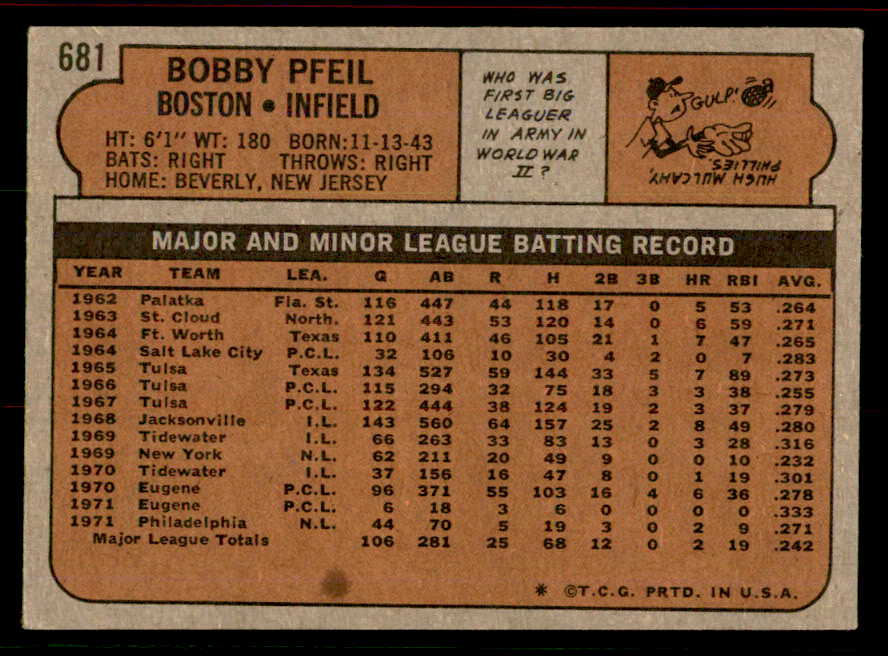 1972 Topps Baseball #681 Bobby Pfeil Red Sox EX-MT 556332
