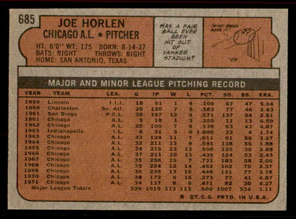 1972 Topps Baseball #685 Joe Horlen White Sox EX-MT 556335