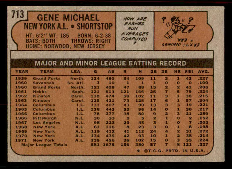 1972 Topps Baseball #713 Gene Michael Yankees EX-MT 556349