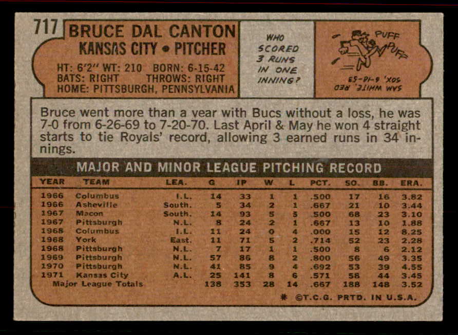 1972 Topps Baseball #717 Bruce Dal Canton Royals EX-MT 556352