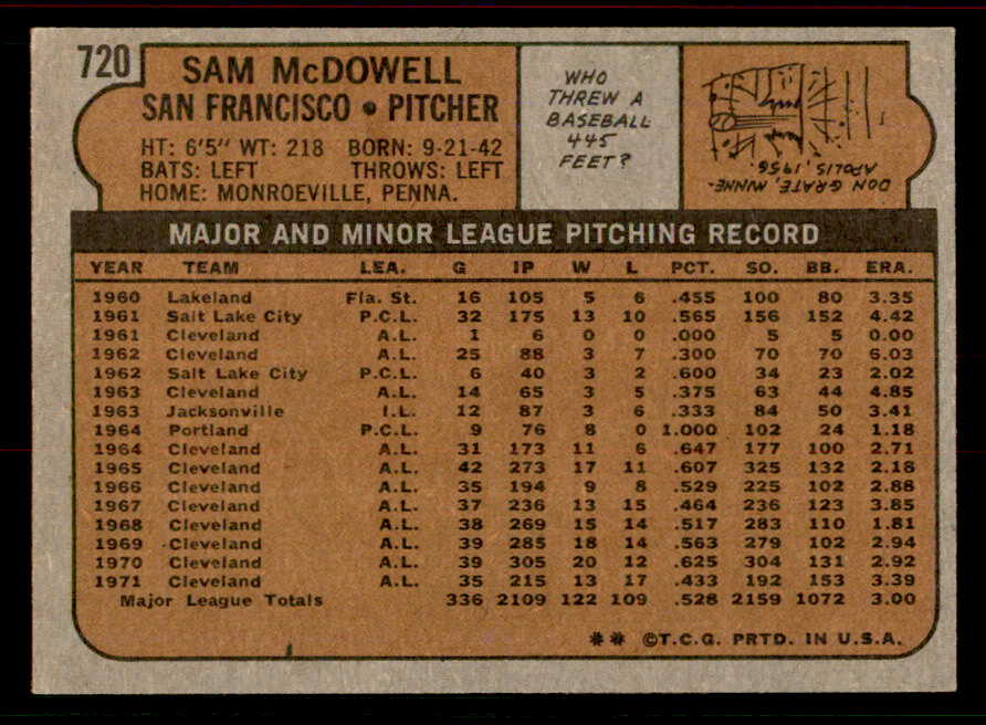 1972 Topps Baseball #720 Sam McDowell Giants EX-MT 556353
