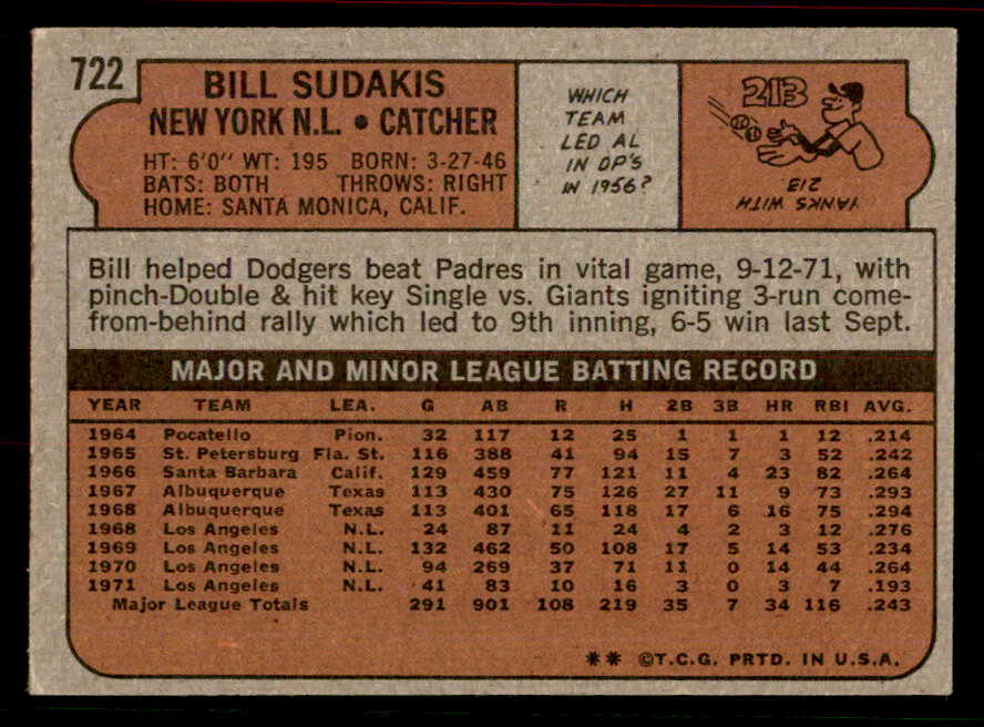 1972 Topps Baseball #722 Bill Sudakis Mets EX-MT 556355