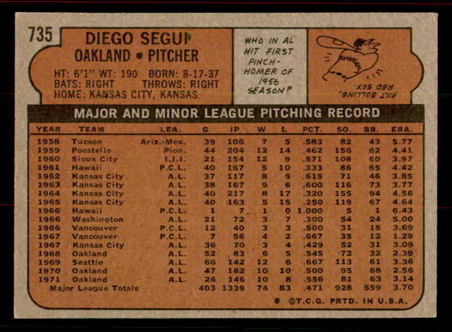 1972 Topps Baseball #735 Diego Segui A's EX-MT 556363