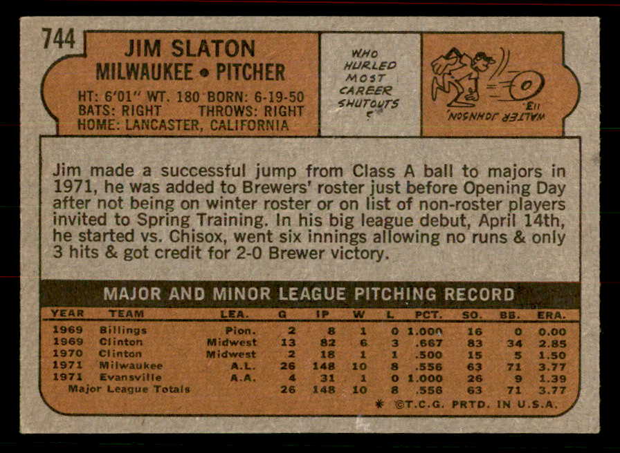 1972 Topps Baseball #744 Jim Slaton Brewers EX-MT 556372