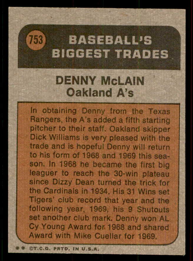 1972 Topps Baseball #753 Denny McLain TR A's EX-MT 556375