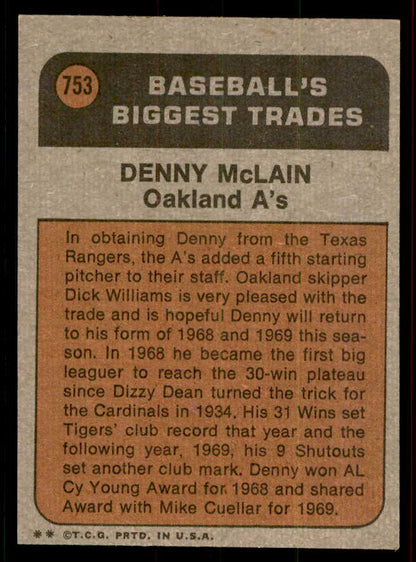 1972 Topps Baseball #753 Denny McLain TR A's EX-MT 556375