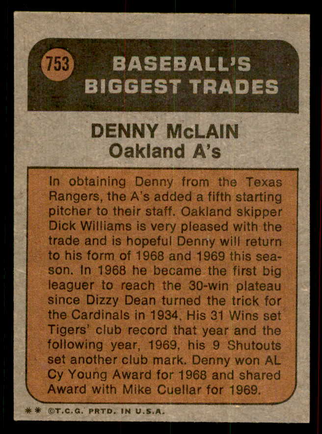 1972 Topps Baseball #753 Denny McLain TR A's EX-MT 556376