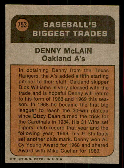 1972 Topps Baseball #753 Denny McLain TR A's EX-MT 556376