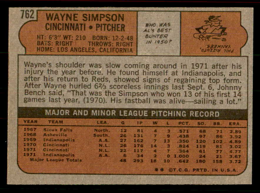 1972 Topps Baseball #762 Wayne Simpson Reds EX-MT 556379