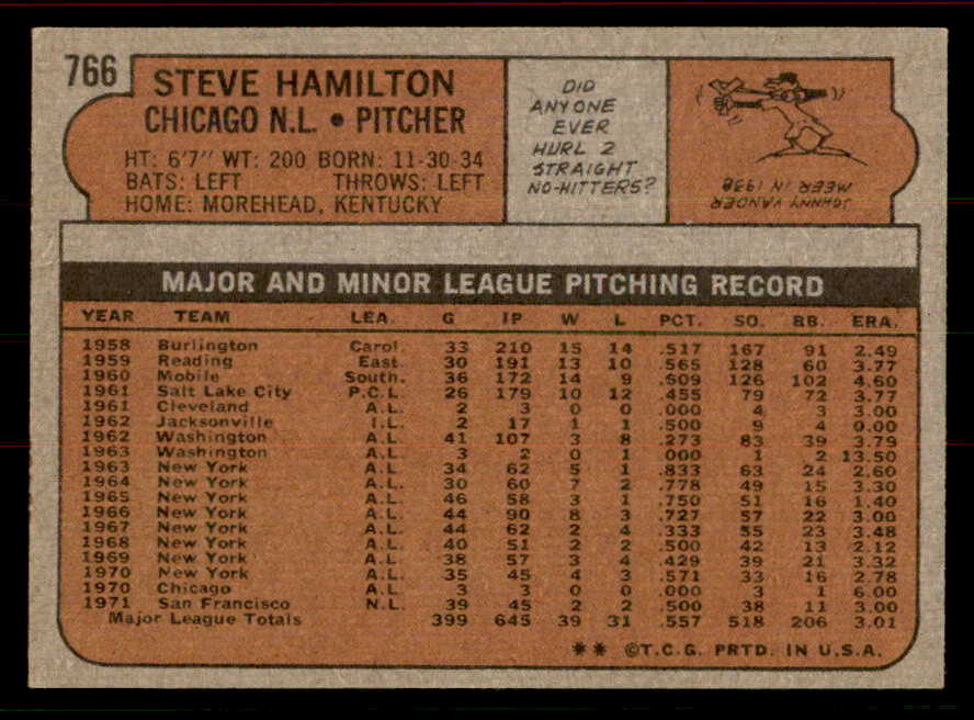 1972 Topps Baseball #766 Steve Hamilton Cubs EX-MT 556383