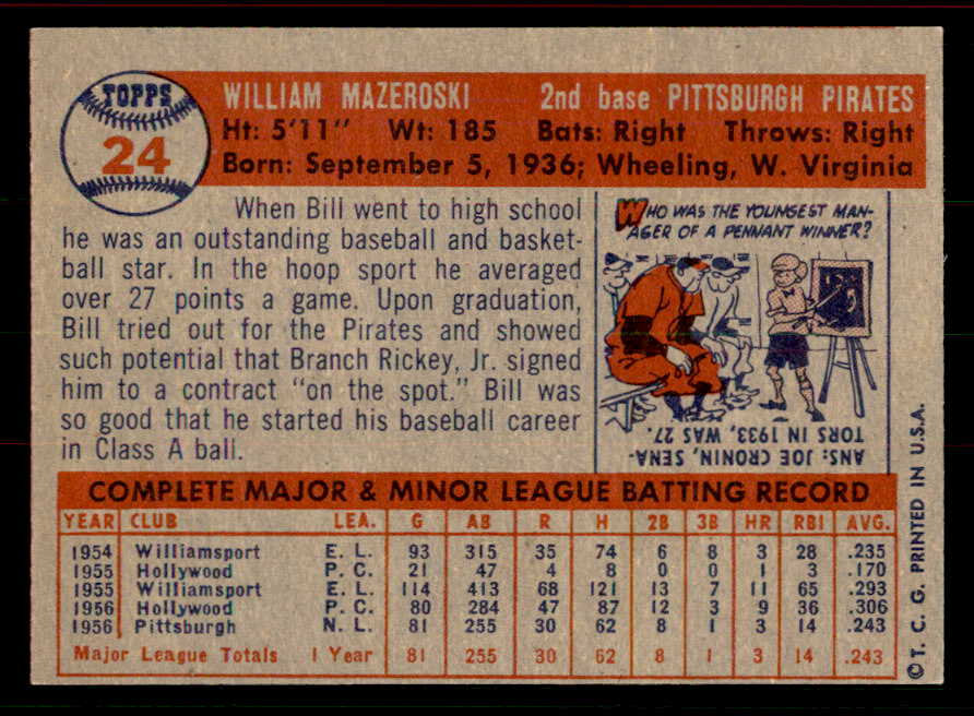 1957 Topps Baseball #024 Bill Mazeroski Pirates EX 556390