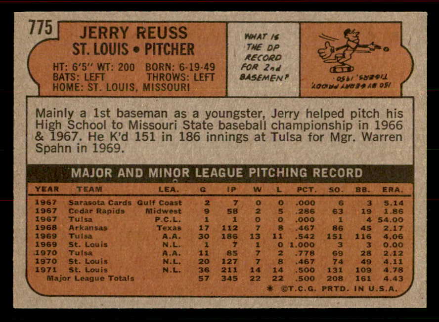1972 Topps Baseball #775 Jerry Reuss Cardinals EX-MT 556403