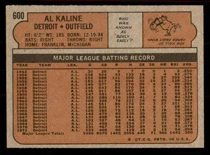 1972 Topps Baseball #600 Al Kaline Tigers EX-MT 556412