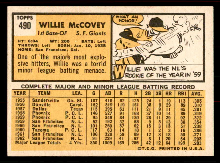1963 Topps Baseball #490 Willie McCovey Giants EX 556440