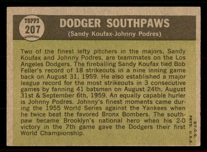 1961 Topps Baseball #207 Sandy Koufax Johnny Podres VG-EX 556451