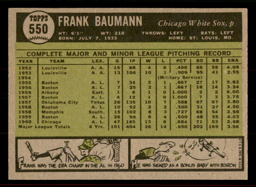1961 Topps Baseball #550 Frank Baumann White Sox EX-MT 556452