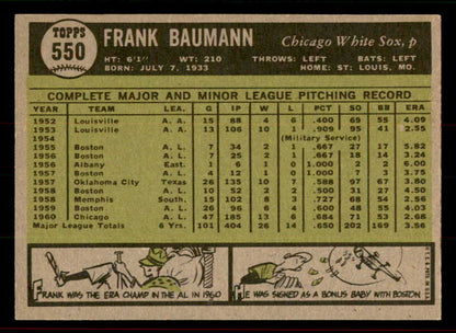 1961 Topps Baseball #550 Frank Baumann White Sox EX-MT 556452