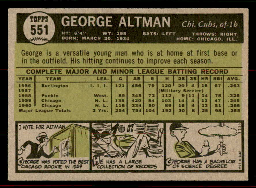 1961 Topps Baseball #551 George Altman Cubs EX-MT 556454