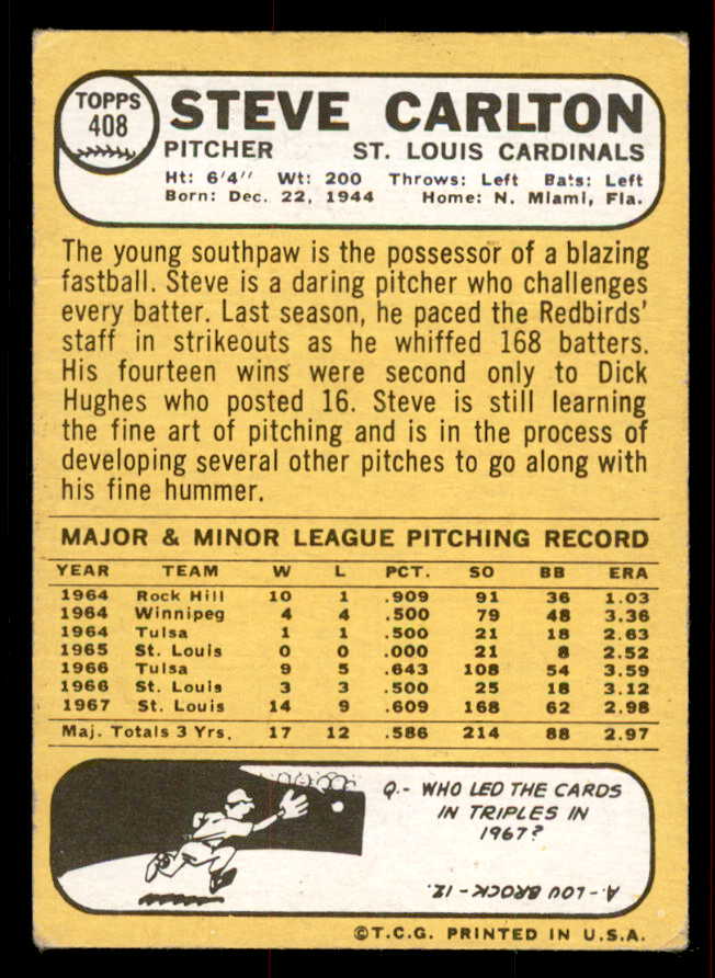 1968 Topps Baseball #408 Steve Carlton Cardinals VG-EX 556469
