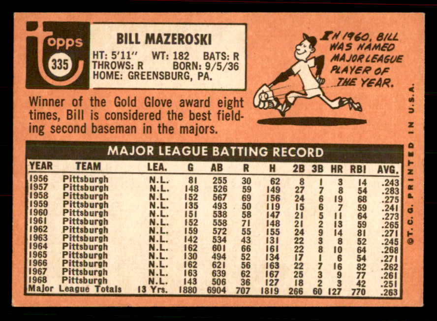 1969 Topps Baseball #335 Bill Mazeroski Pirates EX-MT 556473