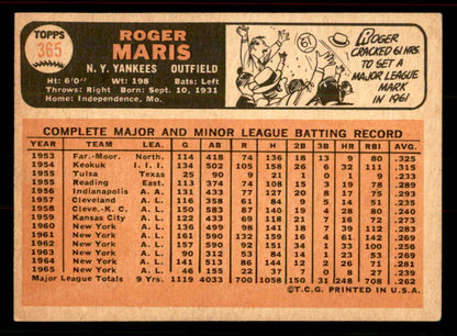 1966 Topps Baseball #365 Roger Maris Yankees EX 556484