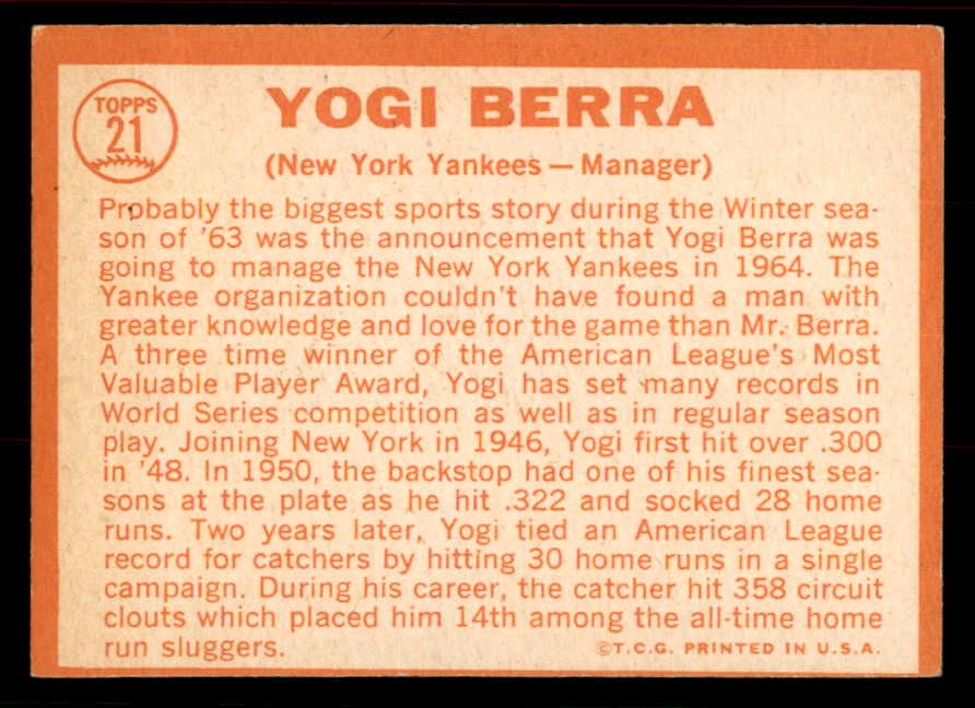 1964 Topps Baseball #021 Yogi Berra Yankees EX-MT 556485