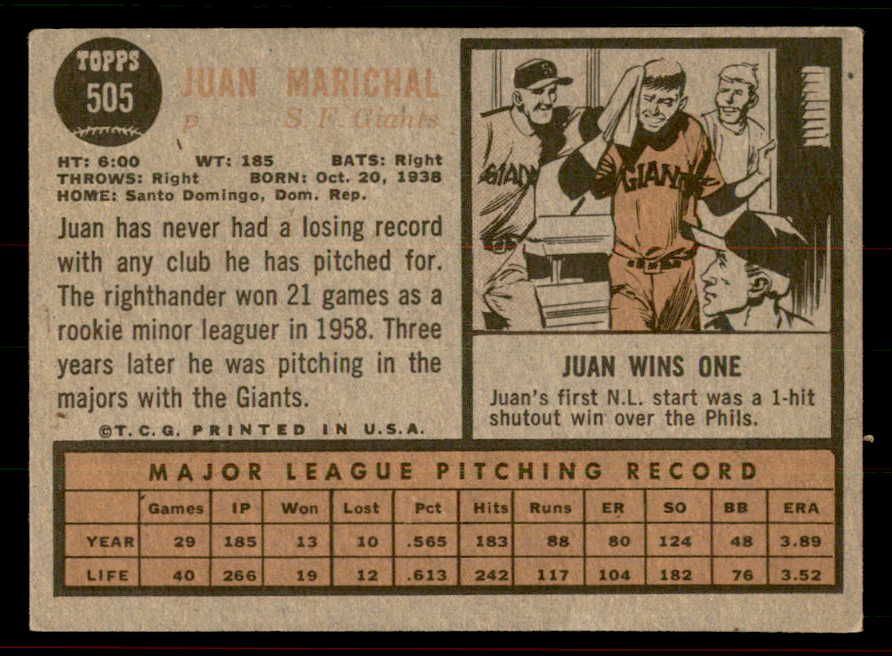 1962 Topps Baseball #505 Juan Marichal Giants VG-EX 556486