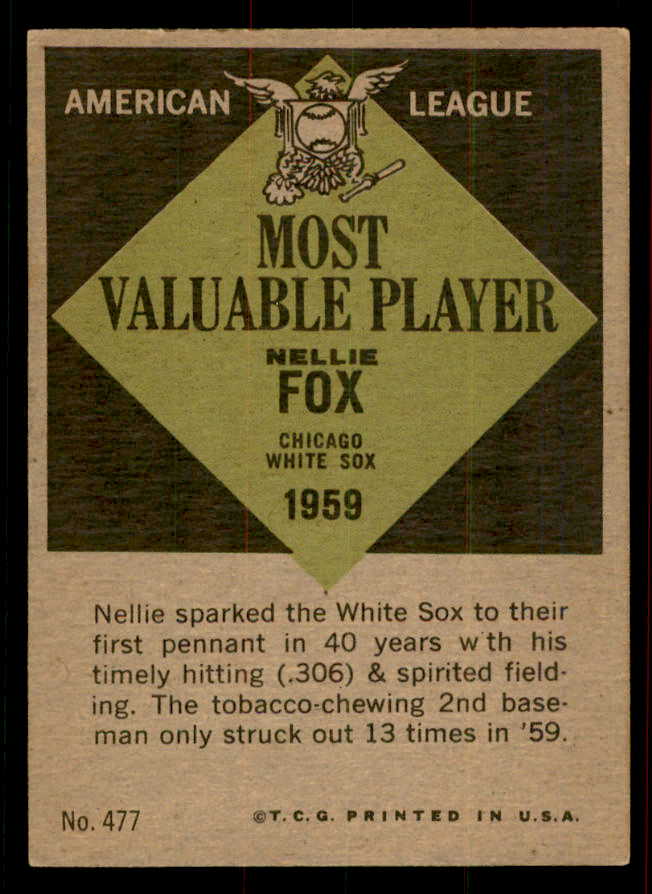 1961 Topps Baseball #477 Nellie Fox MVP White Sox VG-EX 556490