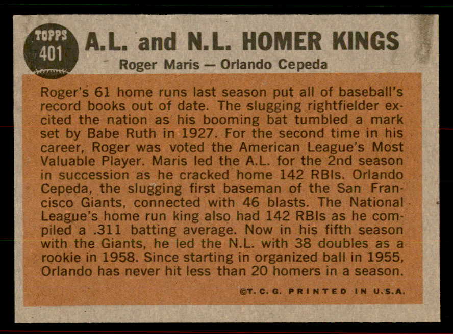 1962 Topps Baseball #401 Roger Maris Orlando Cepeda NR-MT 556507