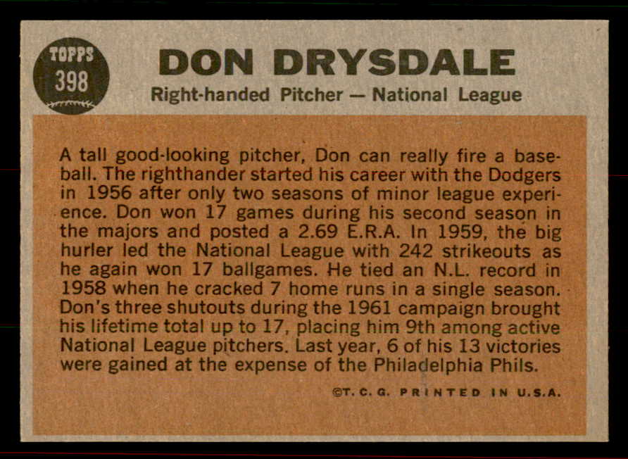 1962 Topps Baseball #398 Don Drysdale A.S. Dodgers NR-MT 556510