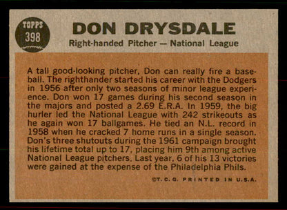 1962 Topps Baseball #398 Don Drysdale A.S. Dodgers NR-MT 556510