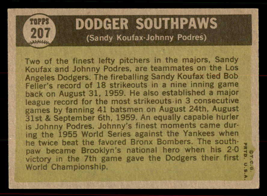1961 Topps Baseball #207 Sandy Koufax Johnny Podres EX-MT 556513