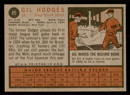 1962 Topps Baseball #085 Gil Hodges Mets EX+/EX-MT 556522