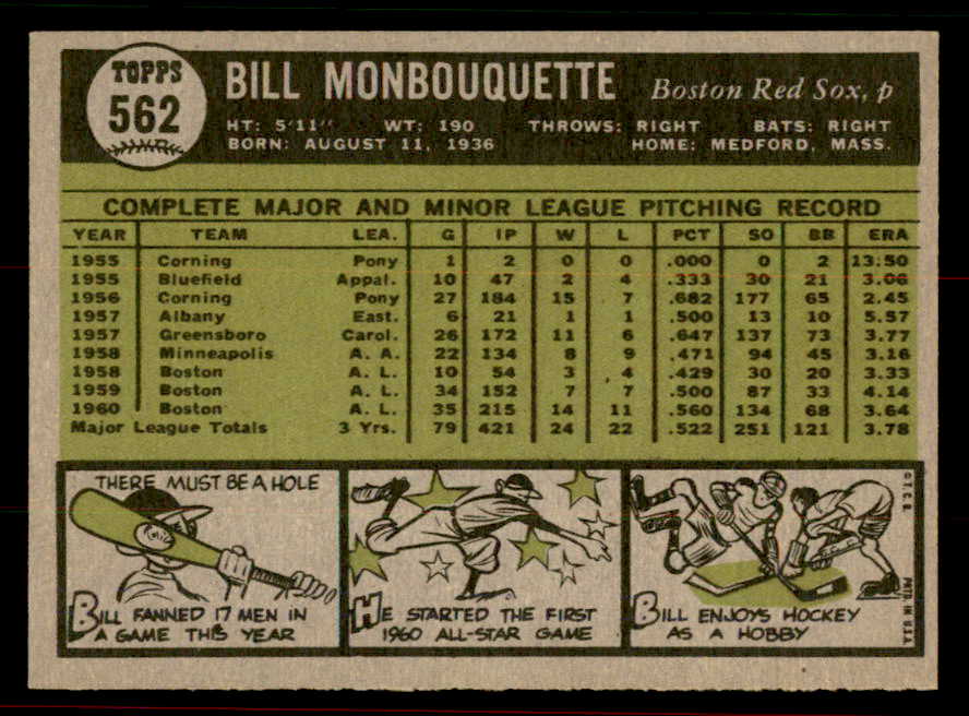 1961 Topps Baseball #562 Bill Monbouquette Red Sox NR-MT 556531