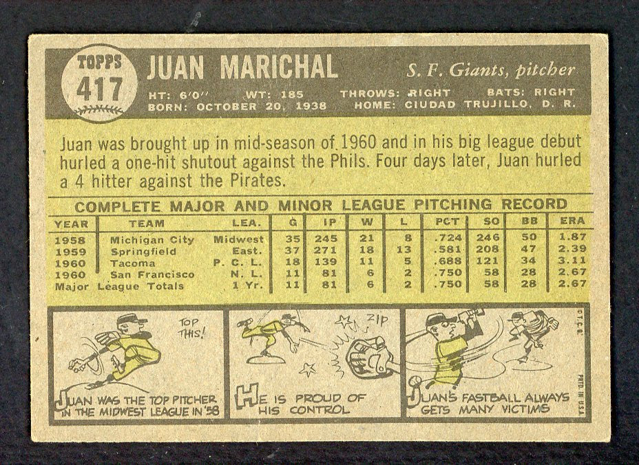 1961 Topps Baseball #417 Juan Marichal Giants EX 556545