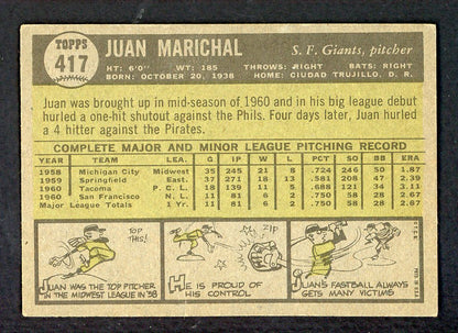 1961 Topps Baseball #417 Juan Marichal Giants EX 556545