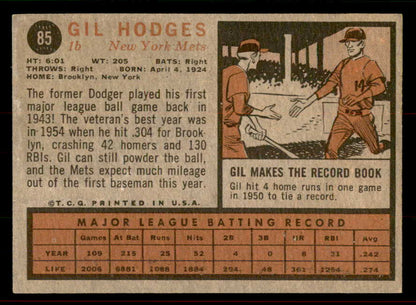 1962 Topps Baseball #085 Gil Hodges Mets EX-MT 556547
