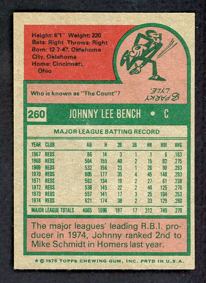 1975 Topps Baseball #260 Johnny Bench Reds EX-MT 556554