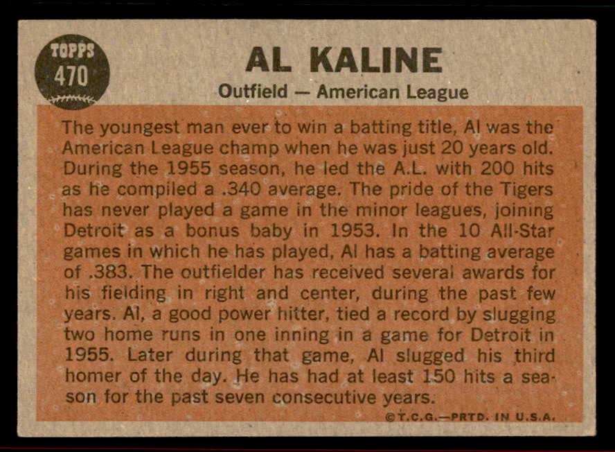 1962 Topps Baseball #470 Al Kaline A.S. Tigers EX-MT 556557