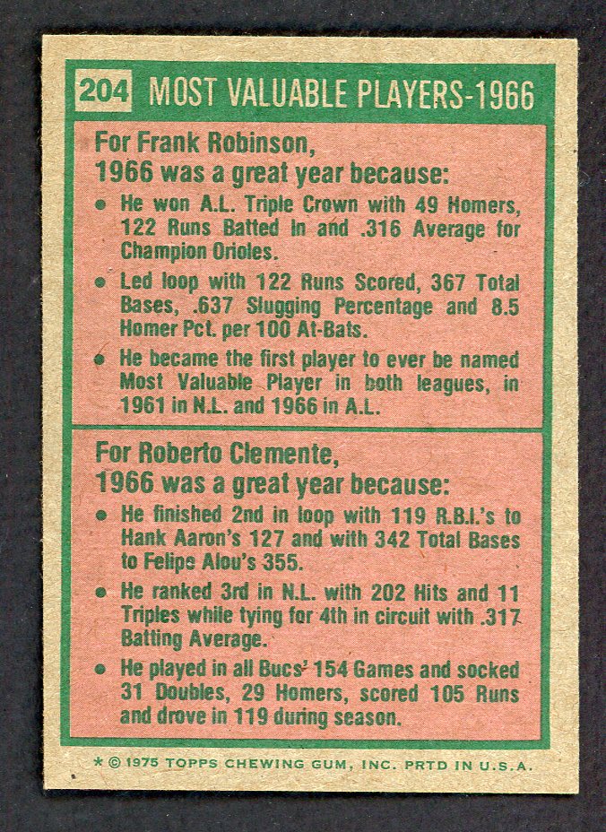 1975 Topps Baseball #204 Roberto Clemente Frank Robinson EX-MT 556562